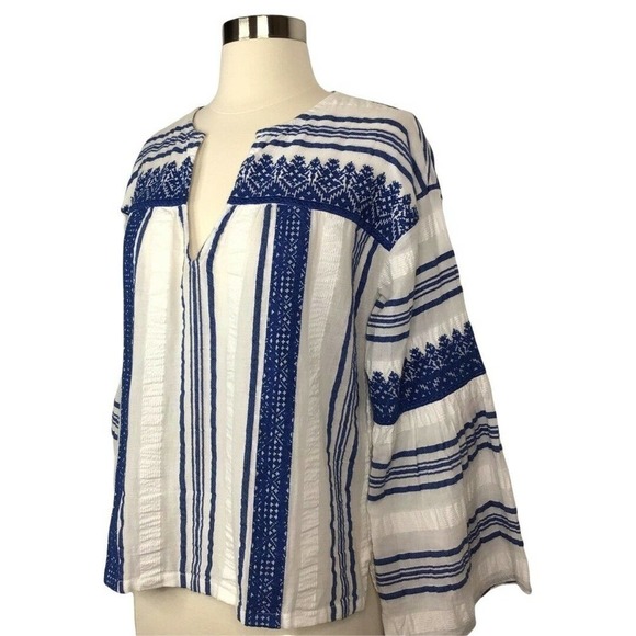 Joie Selbea Top XS Regatta Blue Striped Embroidered Bell Sleeve Cotton Blouse - Picture 6 of 10